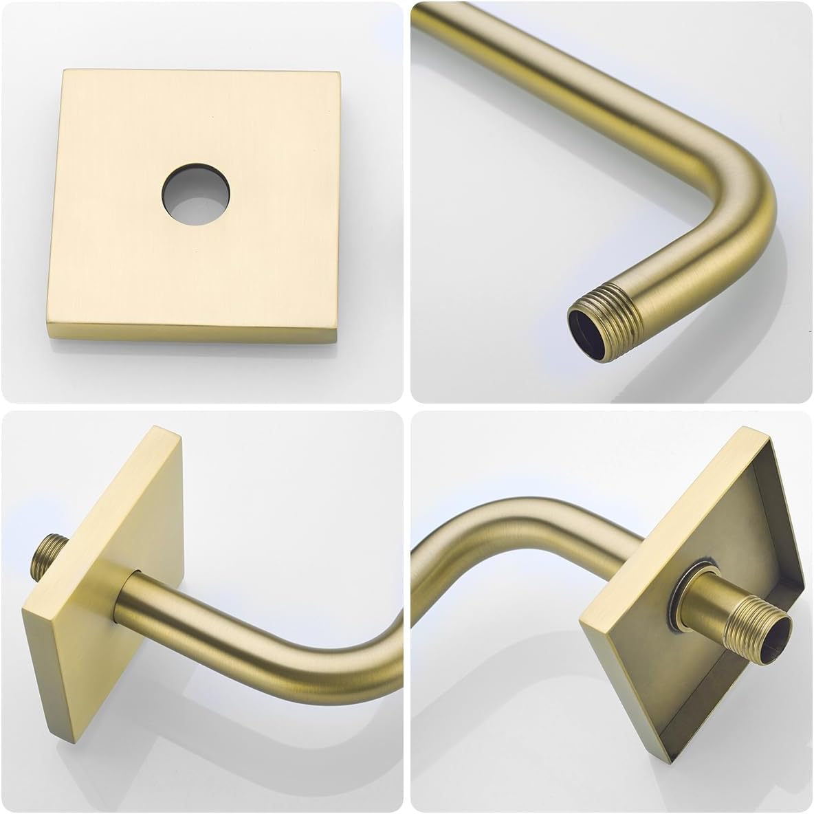 S Shape Shower Extension Arm with Flange, Stainless Steel High Rise Shower Head Extender Pipe 16 Inch Brushed Gold,SW-91058-16BG-SQ.