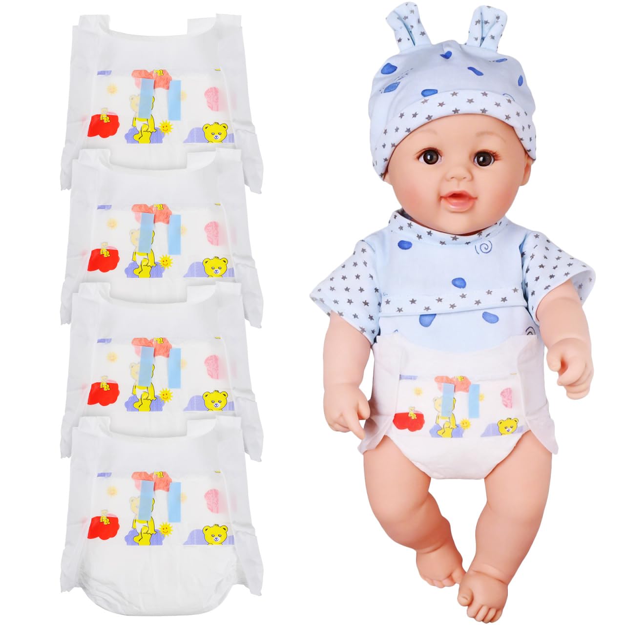 Hemobllo 5-Pack Reusable Doll Nappies 12 Inch – Realistic Bear-Print Diapers for Reborn & Toy Dolls, Easy for Kids Role-Play, Pretend Baby Care Gift