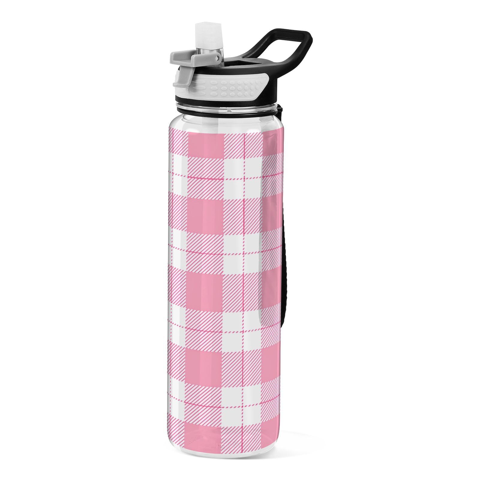 Gravopti Pink Buffalo Plaid Water Bottle 32oz with Straw Lid, BPA-Free & Leakproof Tritan Clear Water Bottles for School Sports Gym Drinking