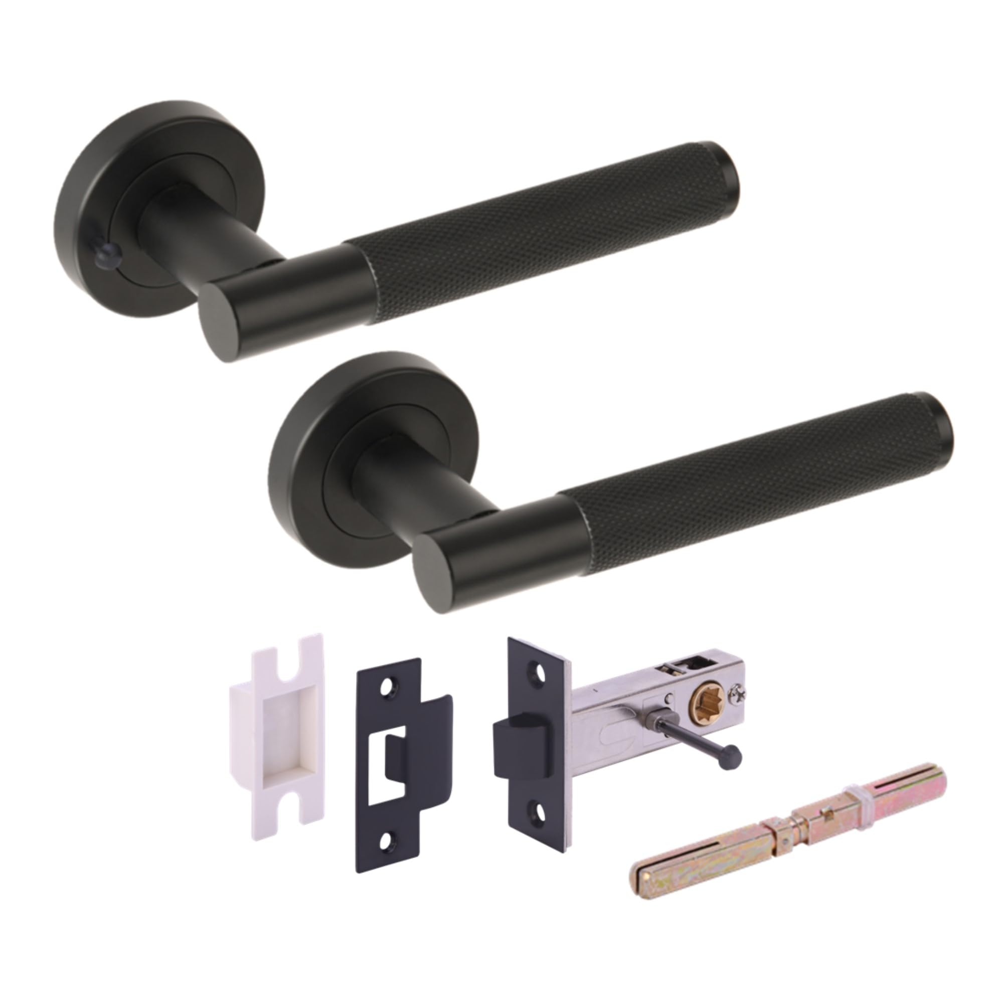 Hunta HANDLEZONE® Evo Knurled Grip Privacy Lever On Round Rose Door Handles, with Privacy Latch, for Bathroom, Toilet, WC Doors, 1 Set - Black Matt — image 1