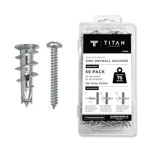 Miniatura 10 de TITAN ANCHORS Anclajes de zinc autoperforantes para paneles de yeso con kit de tornillos #8  300 piezas (150 anclajes + 150 tornillos) con capacidad