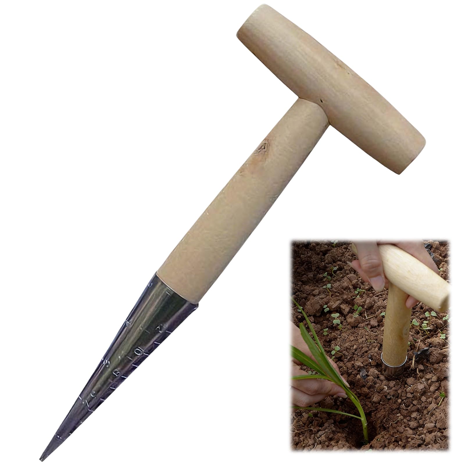 1 Pack Garden Dibber for Planting Bulbs, Chrome-Plated Steel with Wooden Handle Seed Sowing Tool, Bulb Planter, Hand Tool Dibber for Outdoor Garden Planting Seeds & Bulbs