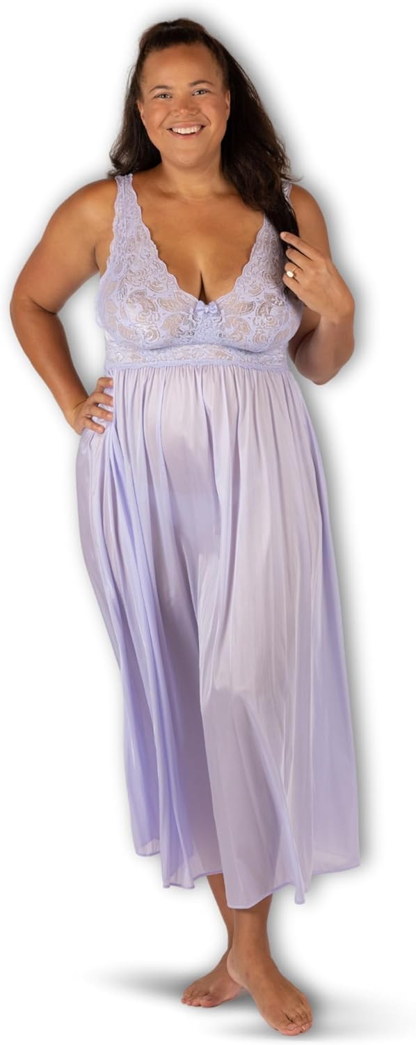 SHADOWLINE Women's Long Flowy Figure Flattering Cap Sleeve Nightgown– Silky Floral Soft Lace Lingerie Elegant Sleepwear