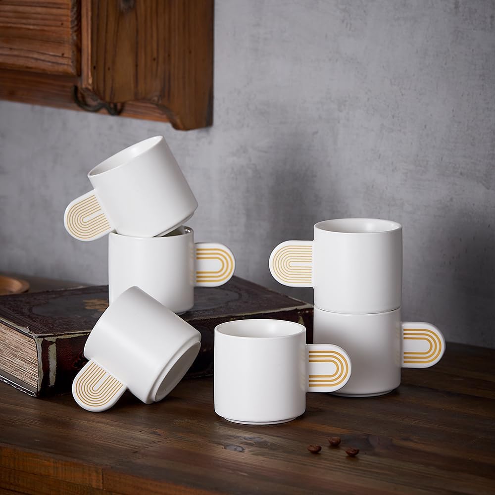 Coffeezone Set of 6 Mini Tea Coffee Demitasse Cups with Handles, 4.5 oz Ceramic Espresso Mug Set (White/Gold decal)