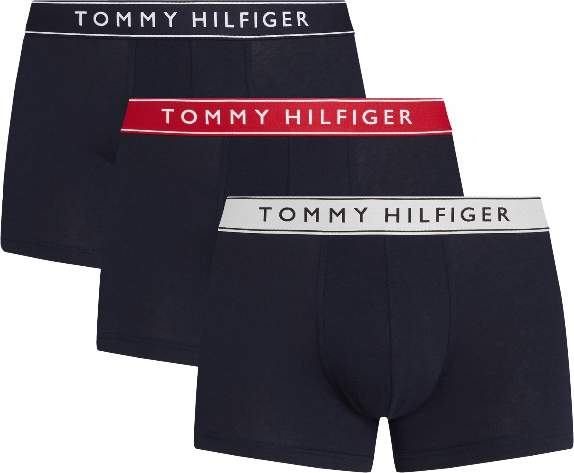 Tommy Hilfiger Men’s 3 Pack Trunks with Logo Waistband, Multicolor (Th Wht/Med Red/Dsrt Sky), S