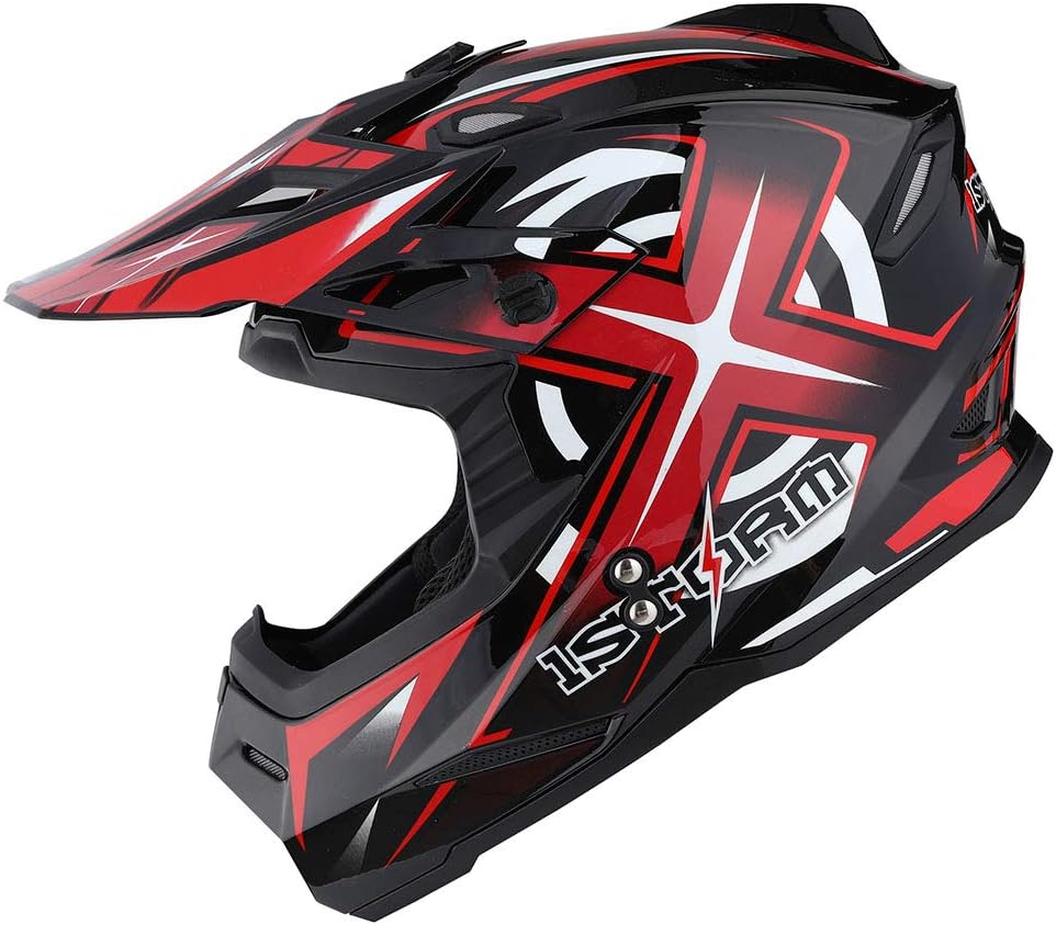 1Storm Motocross MX BMX Helmet Racing Red + Goggles + Skeleton Red Glove Bundle