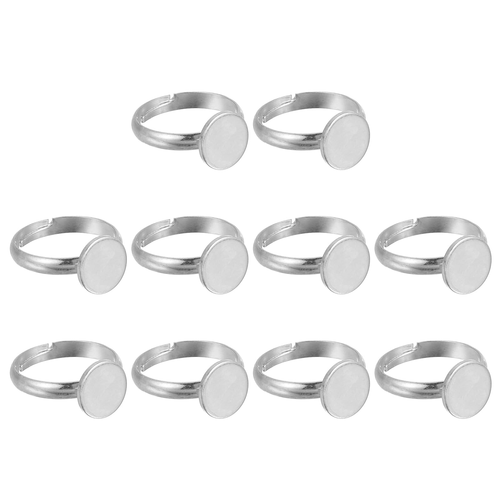 MECCANIXITY 10Pcs Metal Ring Base Blank, 10mm Adjustable Pad Cabochon Ring Blank Base Flat Bezel Tray for Jewelry Making Finding DIY Craft, Silver
