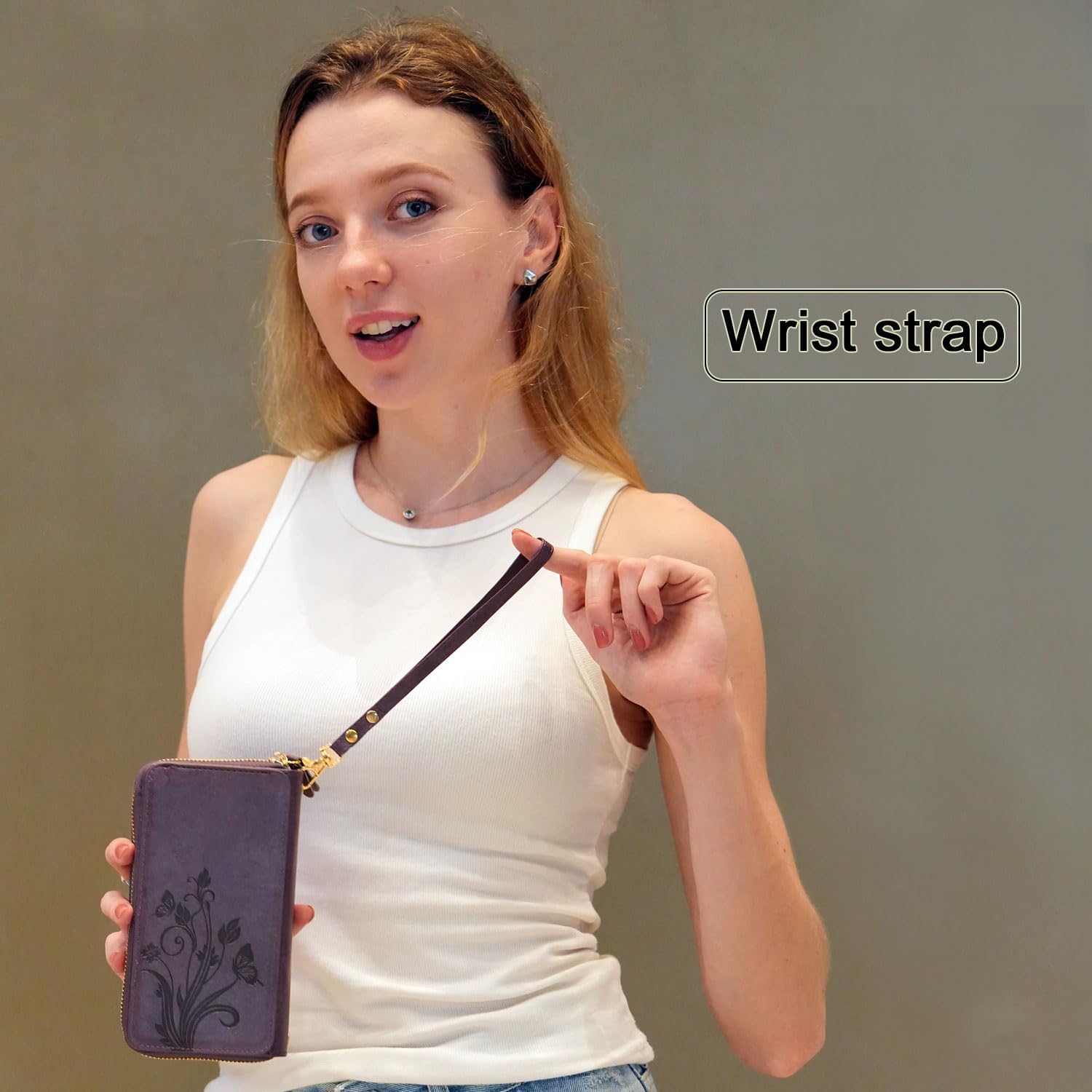 Lacass for iPhone 16 6.1 Inch 2024 Wallet Case, Crossbody Dual Zipper Detachable Magnetic Leather Wallet Case Cover Wristlets Wrist Strap 13 Card Slots Money Pocket(Floral Dark Purple) - Image 6