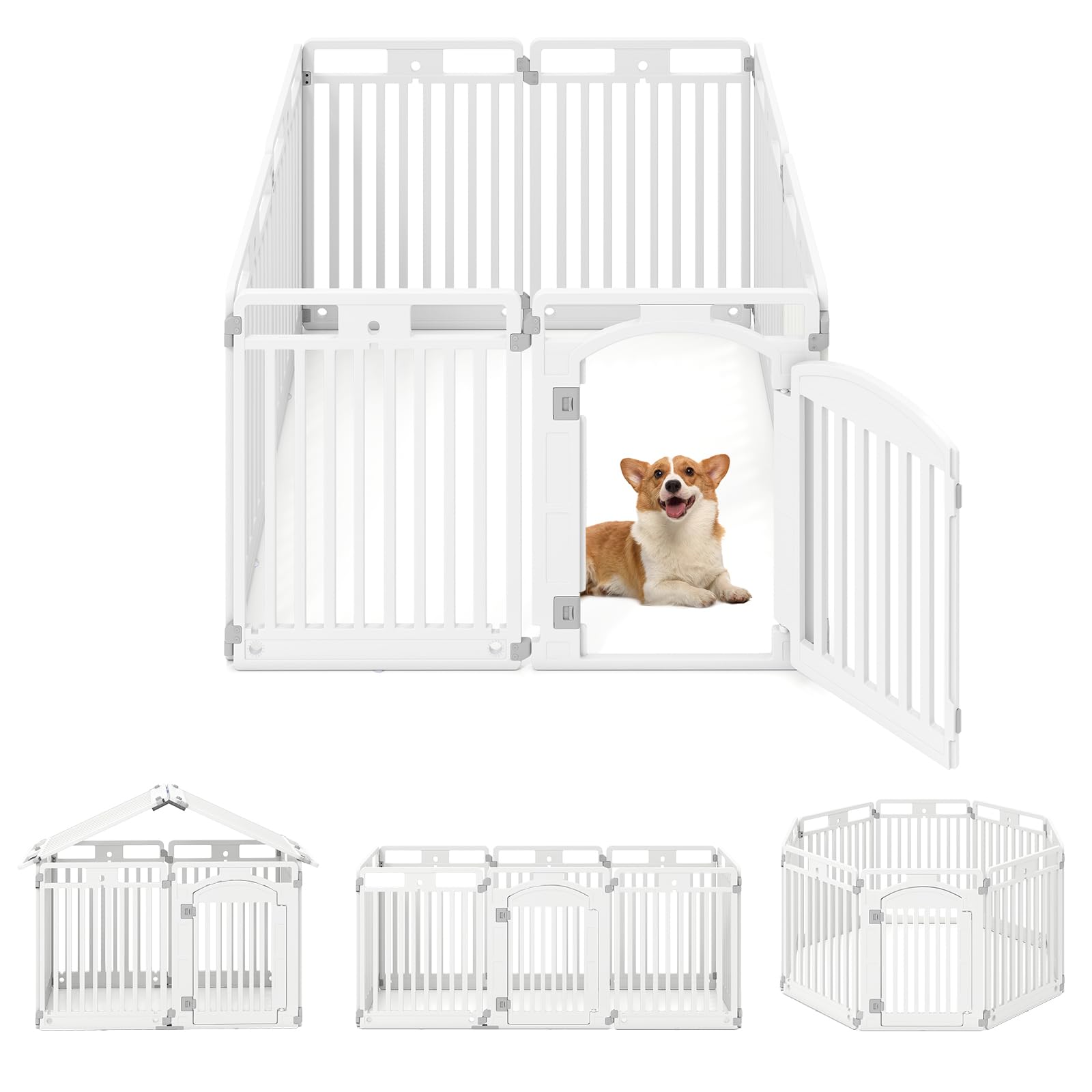 GYMAX Parque para Perros Plegable, Corral para Mascotas de 8 Paneles, con Puerta Bloqueable, para Perros Pequeños y Medianos, Jaula de Ejercicio, Uso Interior y Exterior, Blanco