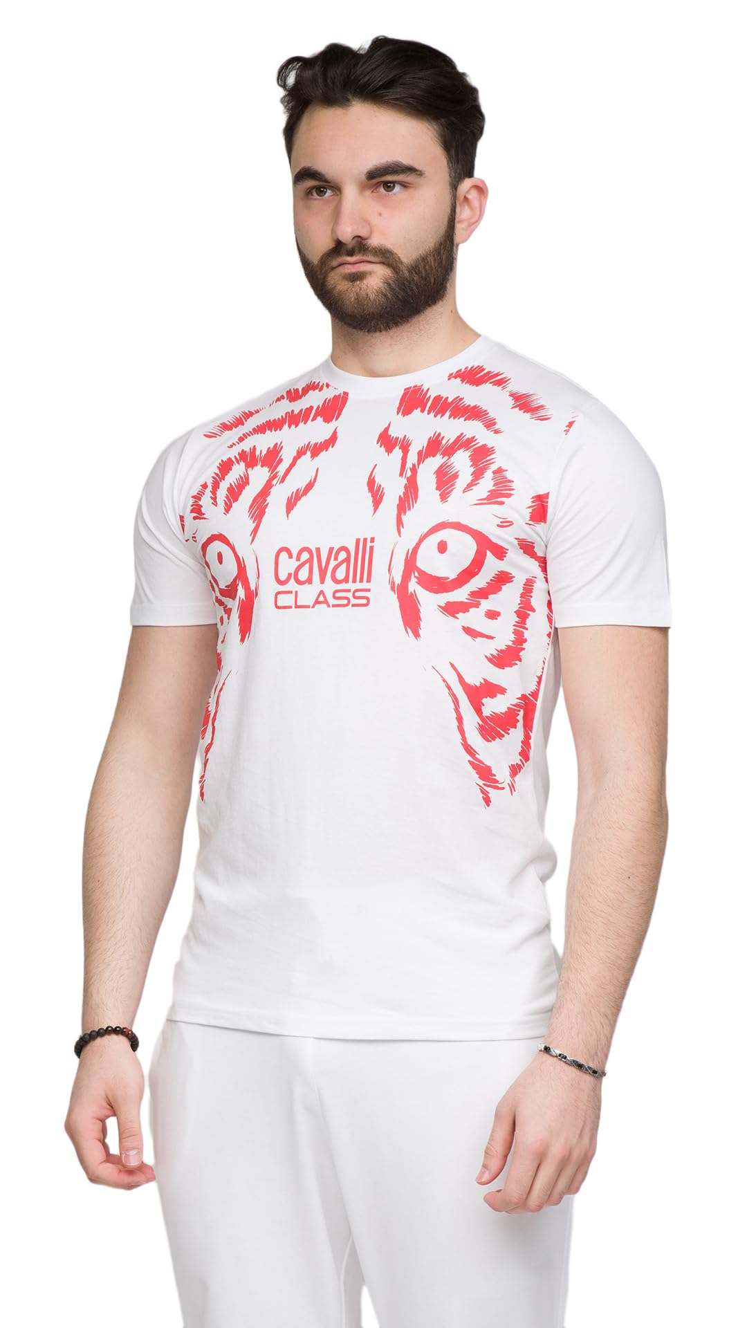 Cavalli Class Modny męski t-shirt z nadrukiem tygrysiego oka