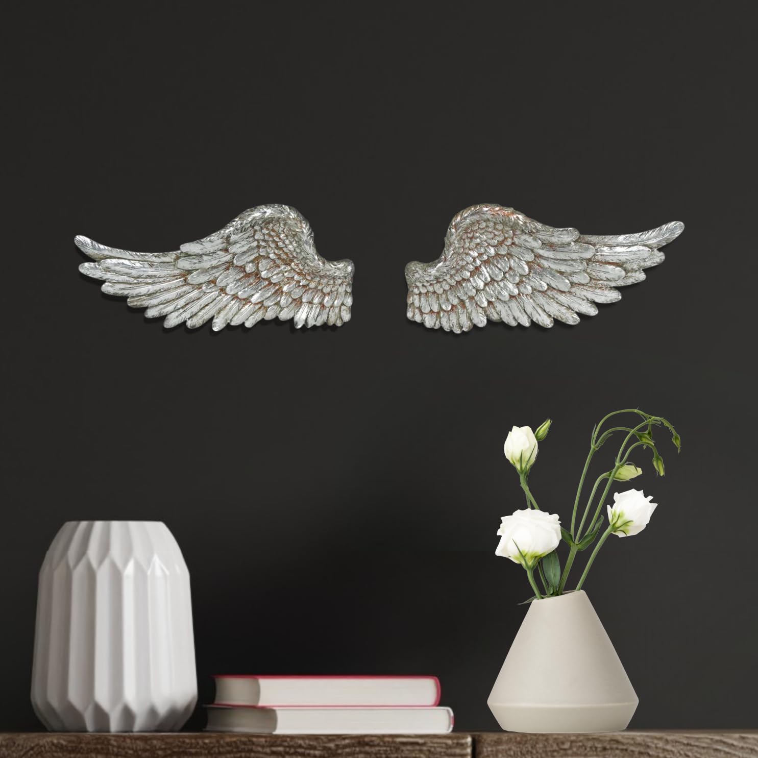 Marco Paul Interiors Small Silver Vintage Angel Wings Resin Wall Art - Shabby Chic Feather Sculpture Hanging Ornament - Unique Wall Decoration For Wedding, Christening & Home Decor