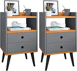 Jogo Quarto Casal Kit Mesa de Cabeceira Retrô com Gaveta Mesinha Canto Moderna Decoração Ambiente - Cinza/Cinamomo- RPM