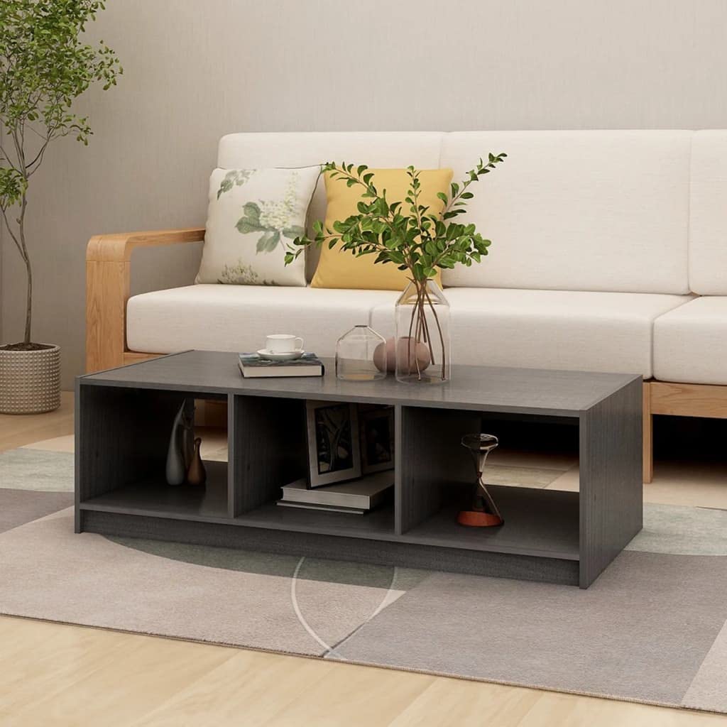 Mesa de centro gris 110 x 50 x 34 cm, diseño moderno de madera de pino maciza, robusta mesa auxiliar con estante para salón, dormitorio y pasillo