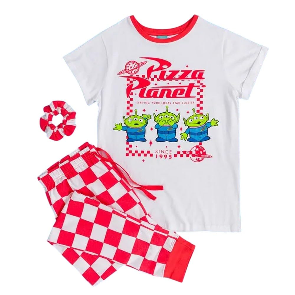 Womens Disney Pixar Toy Story Pizza Planet Aliens Pyjamas with Scrunchie Off-White