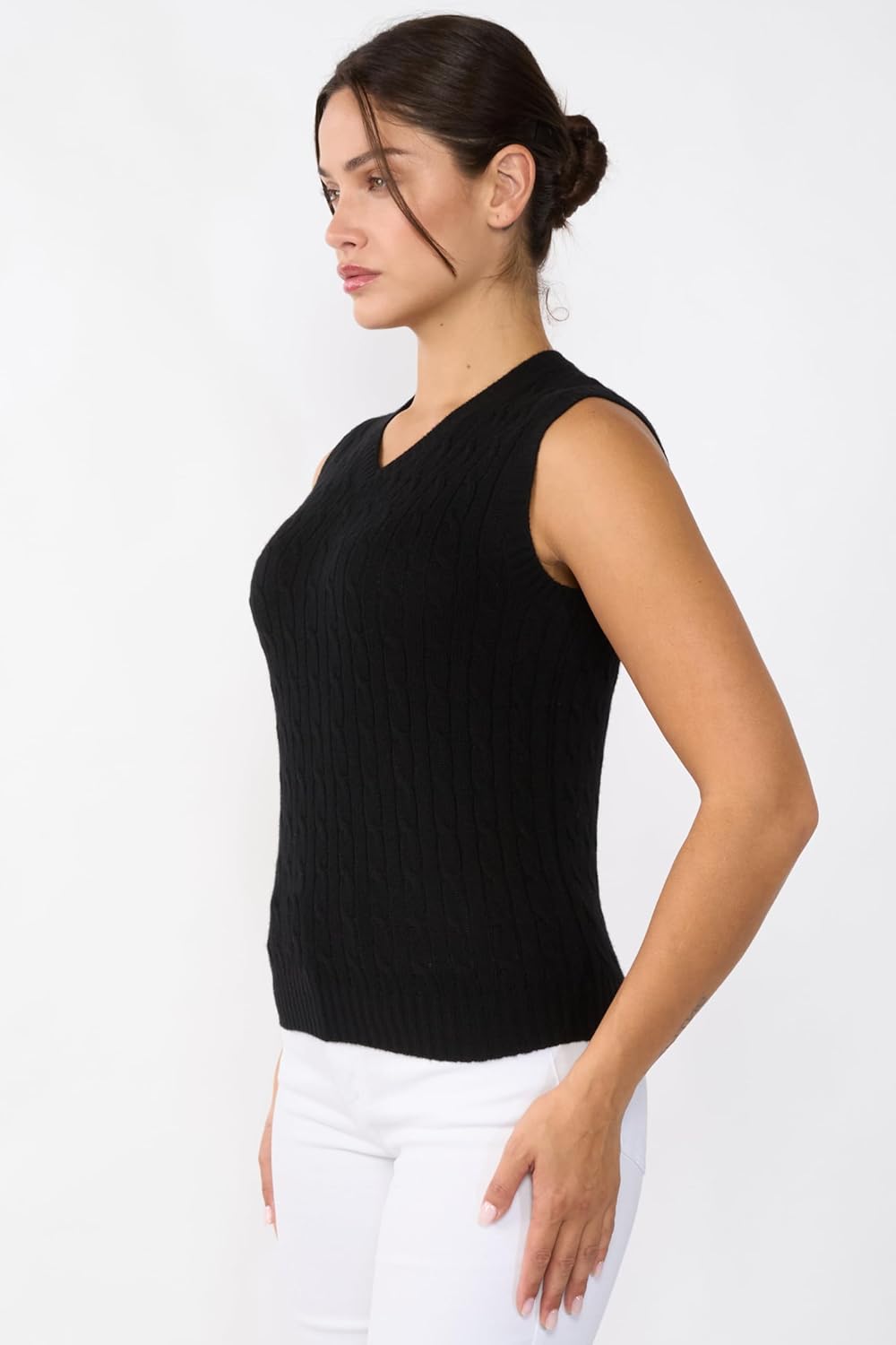 JENNIE LIU Womens 100% Cashmere V Neck Cable-Knit Sweater Vest - Image 2