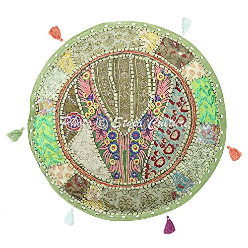Stylo Culture Pouffe Seat Vintage Footstool Bench Cover Green Ethnic Embroidered Patchwork Cotton Traditional Round Fabric Ottoman Pouf Cover (16x16x13 Inch) 40cm (COVER ONLY) - Image 3