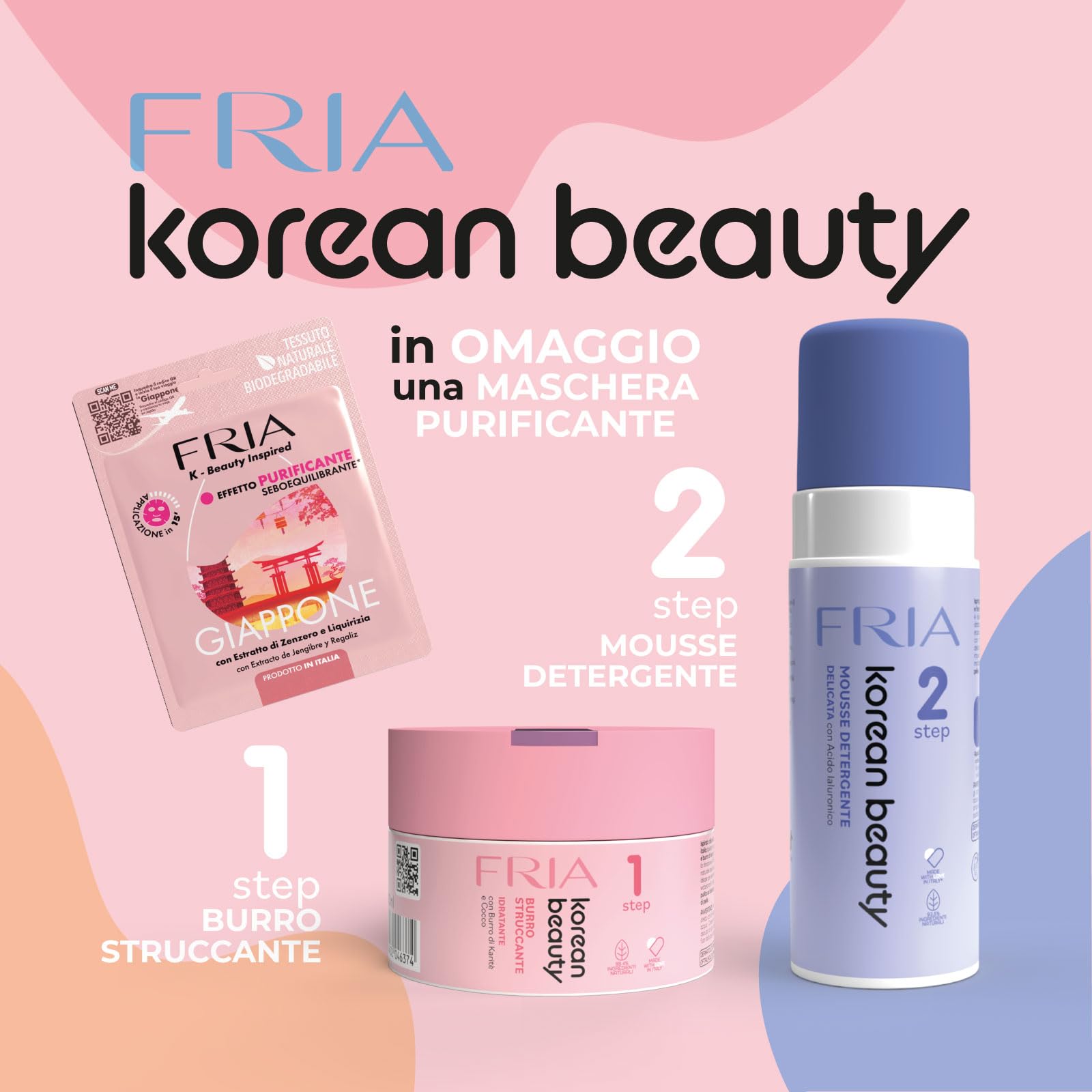 Fria Korean Beauty Kit Doppia Detersione, Burro Struccante Idratante Korean Beauty + Mousse Detergente Delicata Korean Beauty + Maschera Viso Purificante Fria Giappone in Omaggio