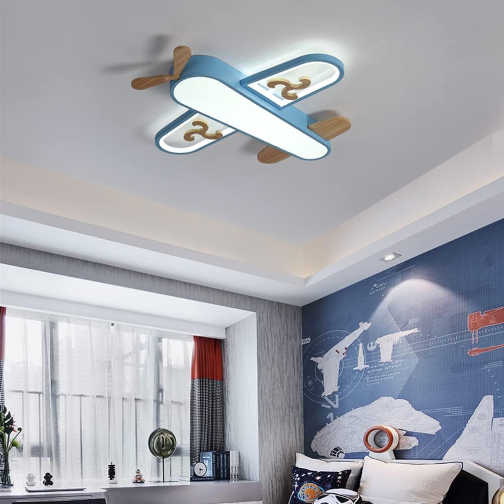 Baby Aircraft Ceiling Light Adsorption Lamp Antique World War II Bomber Vintage Blade Annihilation Airplane Lamp with Wood Paddle for Early Education Kindergarten Nursery (Blue Warm Light)