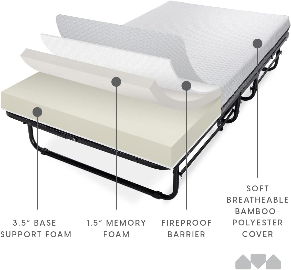 Milliard Deluxe Diplomat Folding Bed – Twin Size - with Luxurious Memory Foam Mattress and a Super Strong Sturdy Frame – 75” x 38