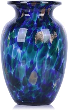 9" Cobalt Blue Blown Glass Vase Hand Blown Wide Mouth Glass Art Sculpture, Coastal Sea Glass Decor Centerpiece, Unique Nautical Vase for Flowers, Bookshelf, Dining Room or Entryway Blue