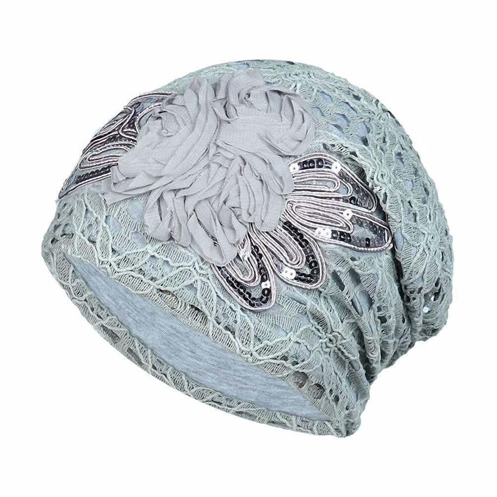 Plancholo Women's Blue Chemo Turban Flower Beanie Cap Lace Pleated Hair Loss Hat Cancer Headwear For