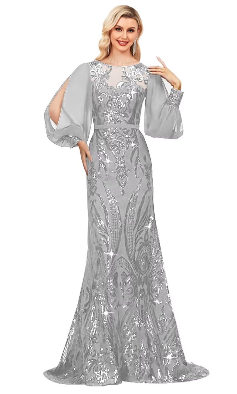 MYDRESS Sequin Mother of The Bride Dress for Wedding Long Sleeve Mermaid Formal Prom Dress
