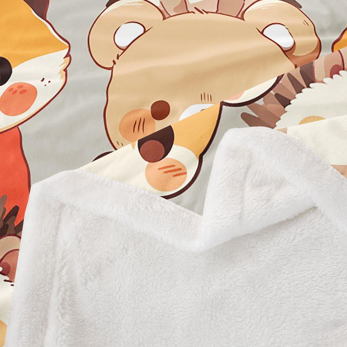 Kawaiis koc polarowy ze zwierzętami, rozmiar bliźniaków, kot, lis, niedźwiedź, jeleń, jeż, nadruk na łóżko, dla nastolatków, kreskówek, dzikie zwierzęta, dekoracja domu do biura