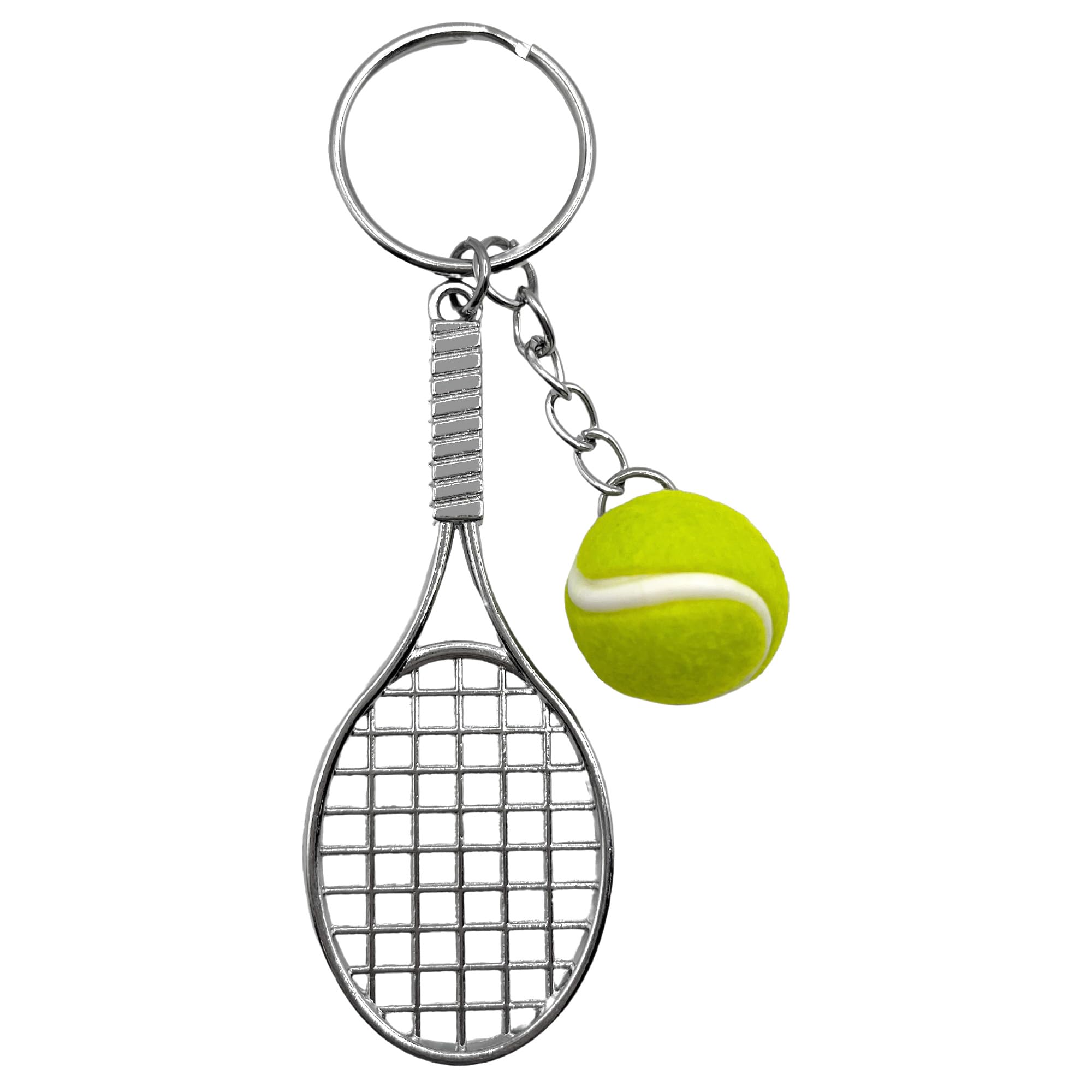 AUTOZOCO Llavero Plástico en Forma de Pelota de Tenis y Raqueta, Cuelga Llaves, Llavero para Tenista, Key chain Modelo Esférico, Detalle, Pelota 2 cm Diámetro x Raqueta 7.5 cm de Largo