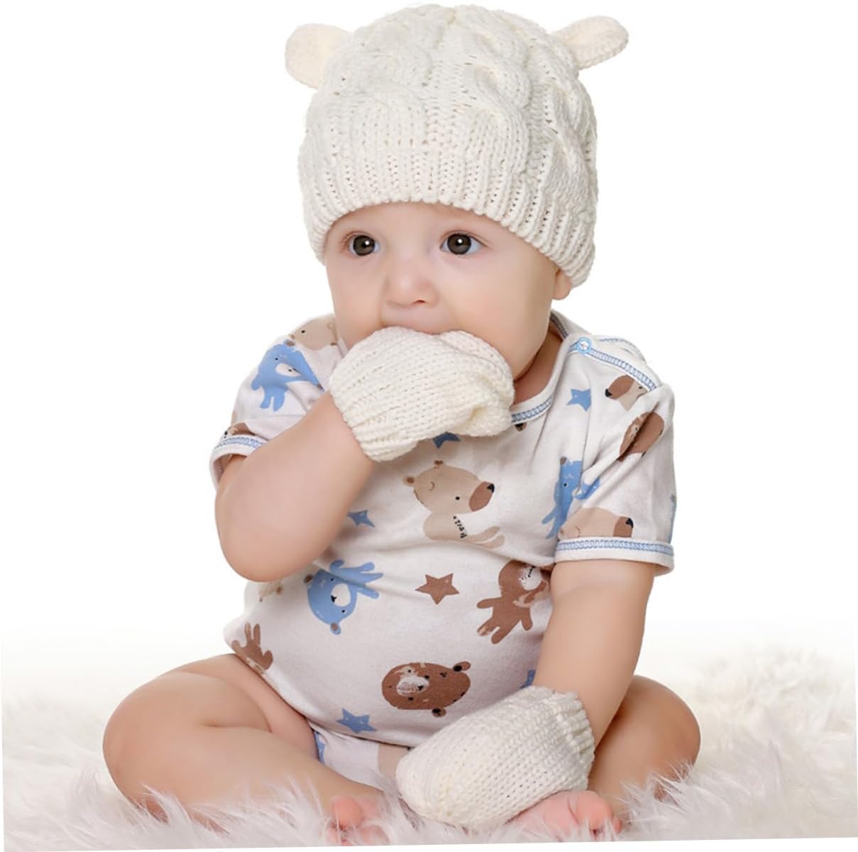 Knit Hat Gloves Set Winter Hat Bonnet Soft Inner Warm Comfortable and Stylish for Toddlers Boys and Girls White