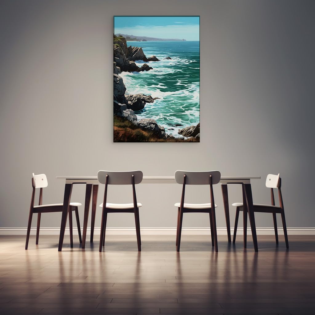 Canvas for Living room. Coastal Serenity Amidst Turbulent Waves: A Vivid Digital Seascape Masterpiece, 27 x 18 inch Canvas Wall Art - Contemporary Masterpieces - Modern Home Decor