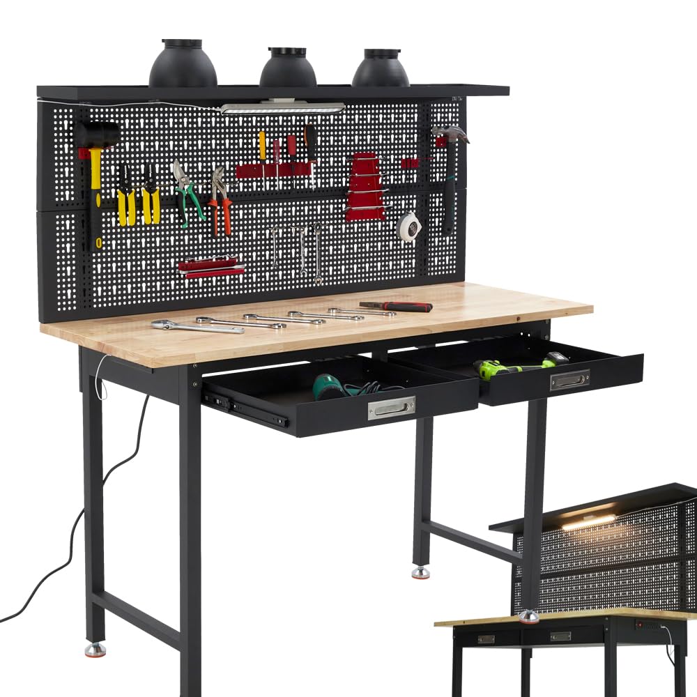 Heavy Duty Wooden Workbench w/Drawers,Industrial Garage Work Table with Pegboard,Adjustable Feet,Work Benches with Power Strip,for Garage Home Office