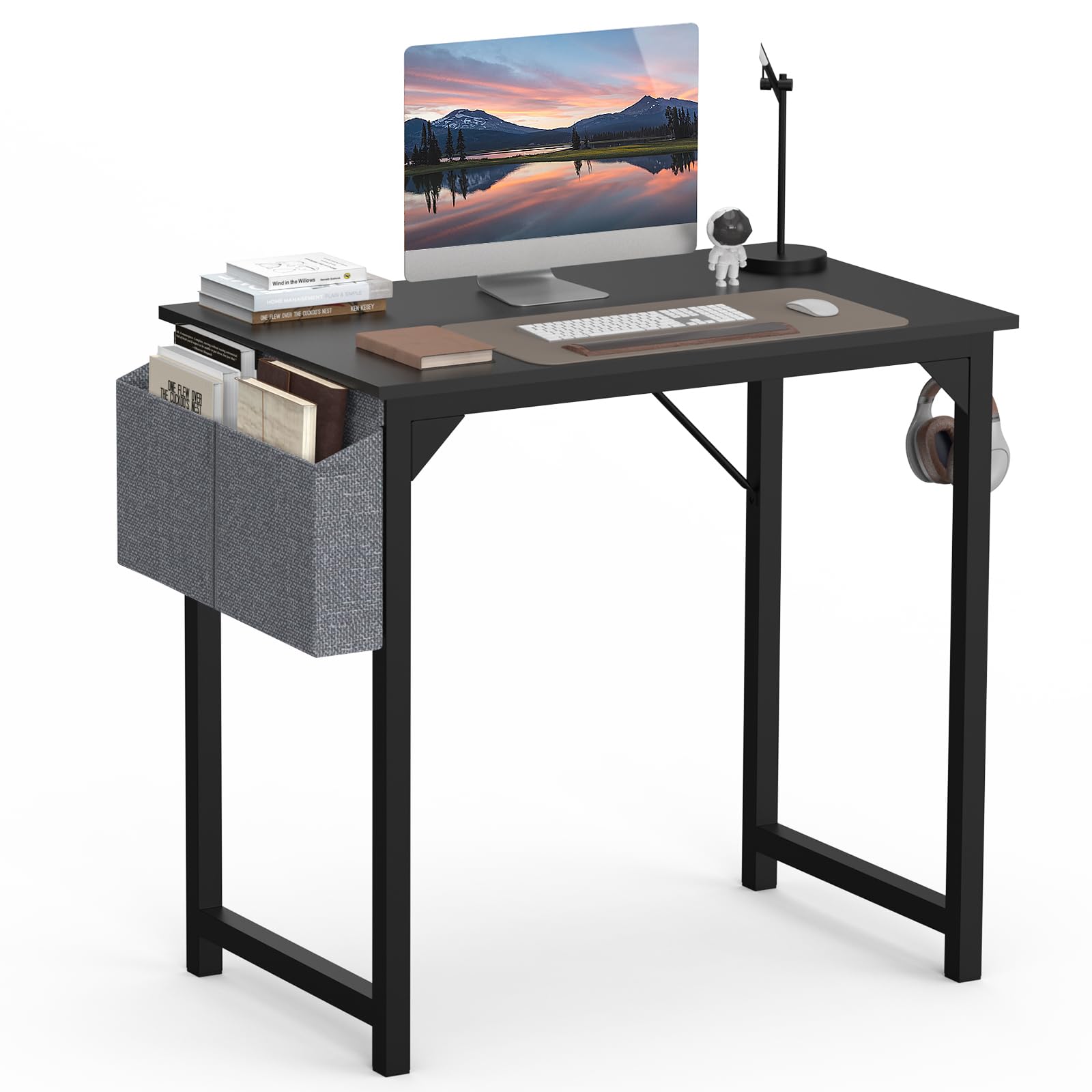 SMUG Small Computer Desk 32 Inch Office Gaming Study Writing Work Kids Student Table Modern Simple Style Wood PC Workstation with Storage Bag Headphone Hook Metal Frame for Bedroom, Home, Black