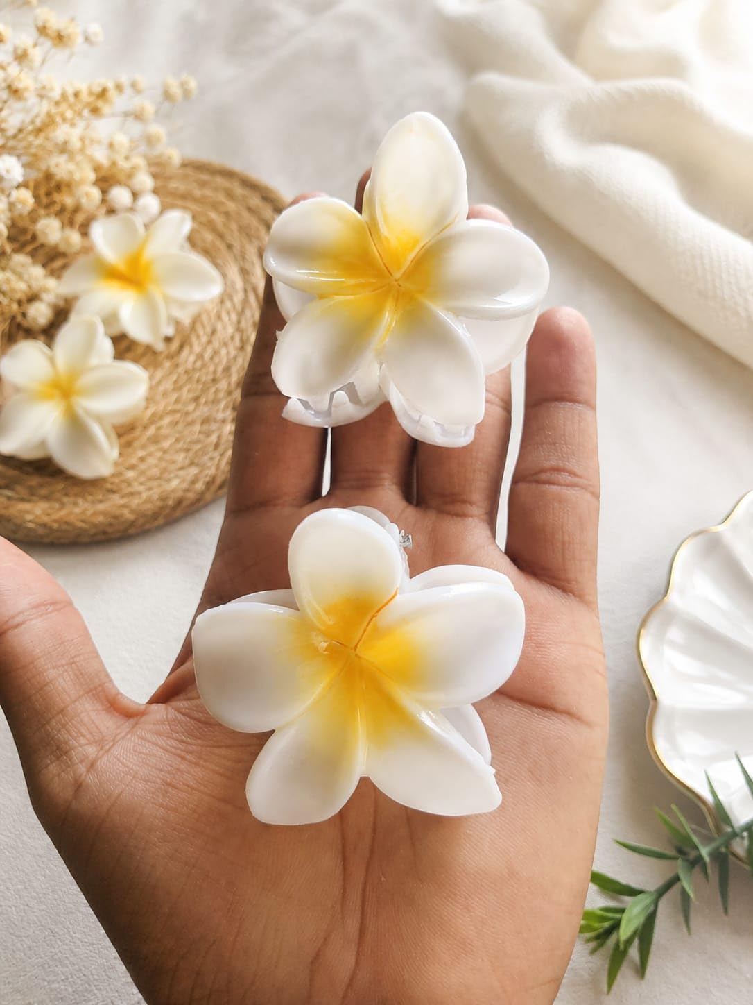 Plumeria Flower Hair Claw Clip for Women & Girls White Yellow | Glossy Finish, Anti-Slip Teeth, Rust-Resistant Spring, Unbreakable Plastic, Hawaiian Design-image-34