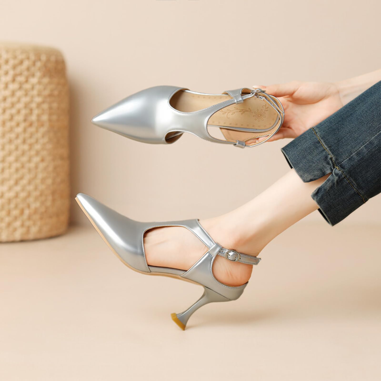 7CM Scarpe con Tacco a Kitten Slingback da Donna, Chiuse a Punta per Matrimoni, Feste e Abiti