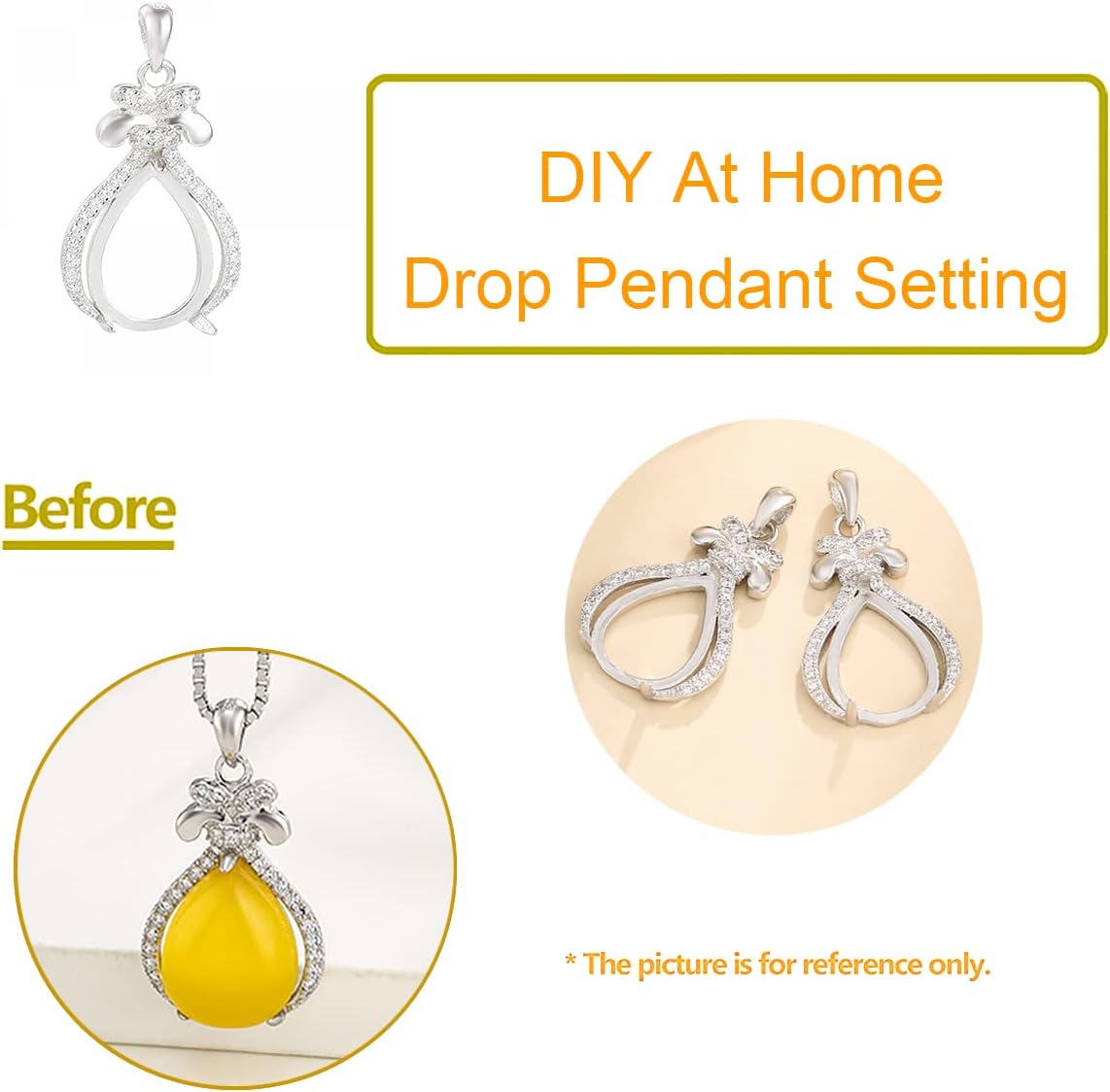925 Sterling Silver Pendant Blank Teardrop Prong Bezel Settings for Gemstone fit 10X13mm Cabochon DIY Pendant Charm Handmade Jewelry Making(Platina Color)