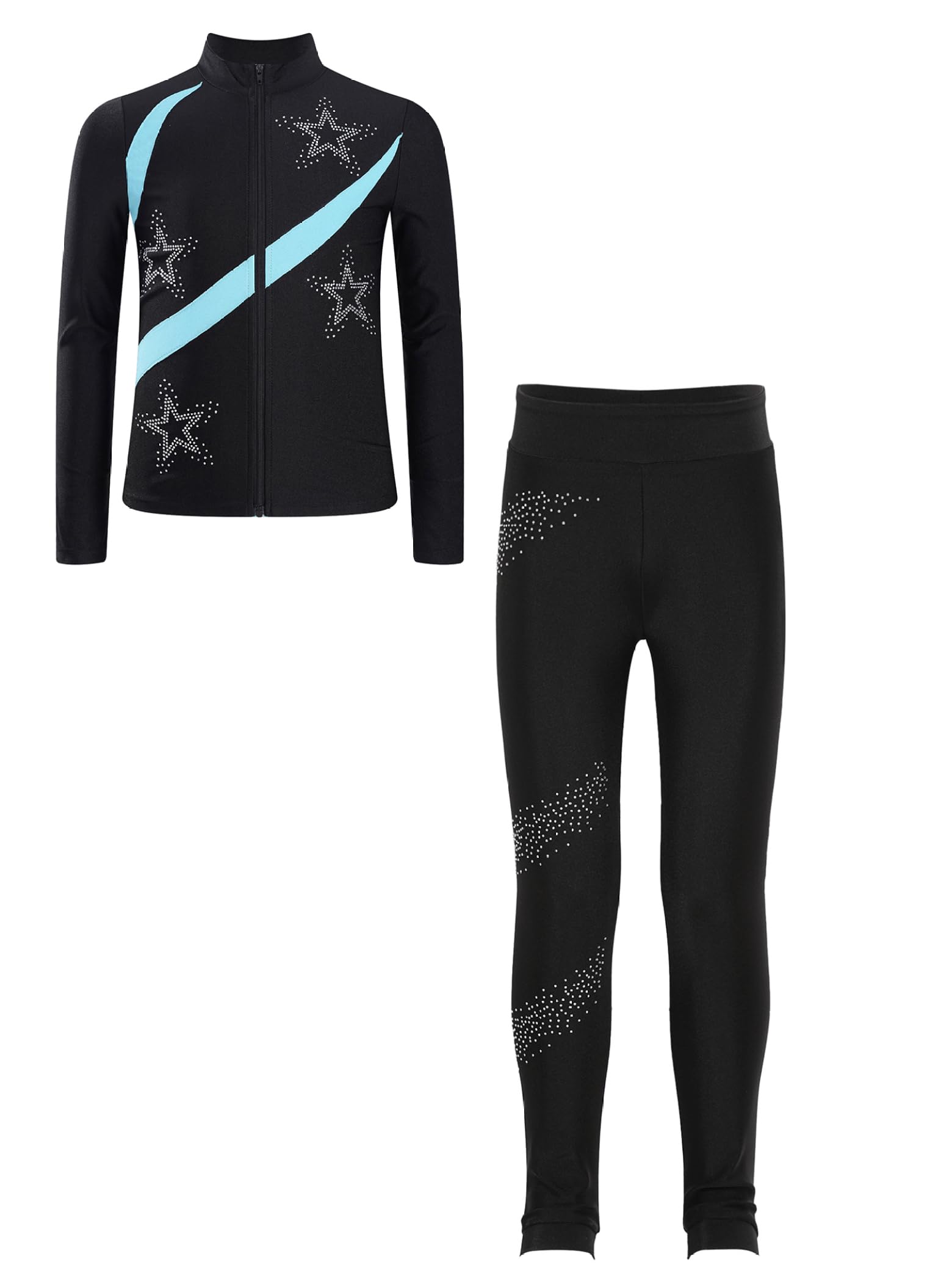 Jydiazi Mädchen Eiskunstlauf Anzug Glitzer Strass Jacke Leggings Colorblock Kinder Eislaufen Tanzanzug Set Hellblau 158-164