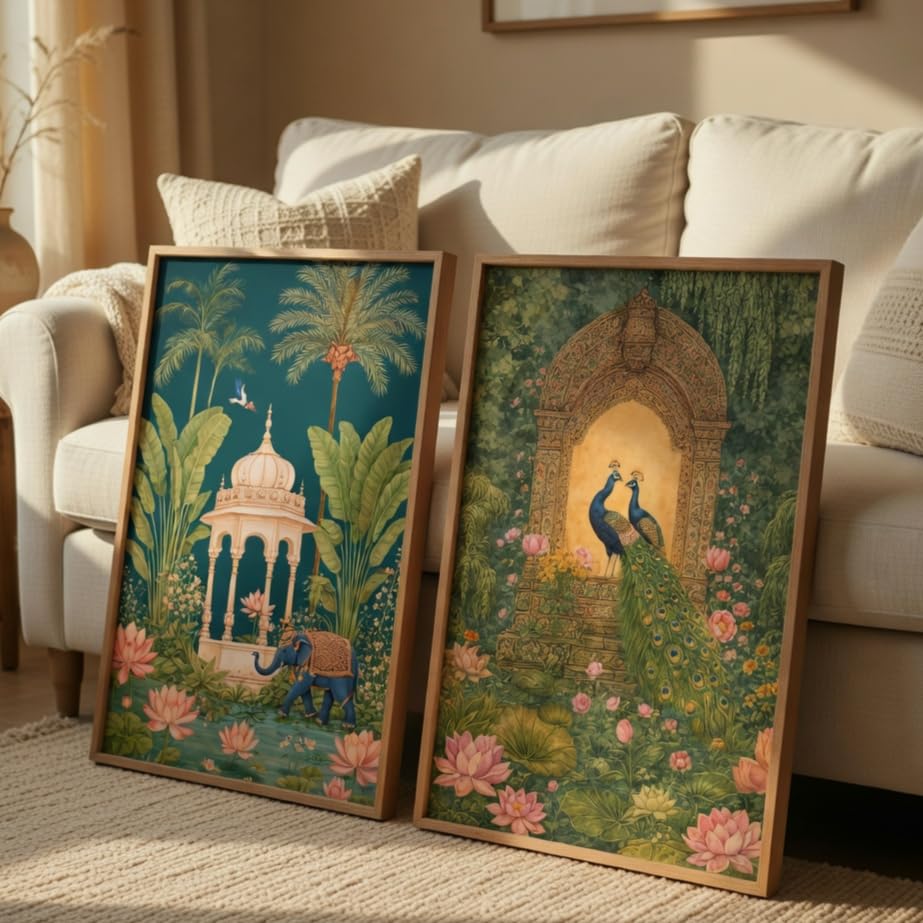 Image of Livin'luxe Royal Peacock Palace Garden Wall Painting Set of 2 with Wooden Frames | Vintage Mughal Garden Artwork HD Sparkle Laminated MDF Wall Decor | Traditional Indian Wall Art for Living Room