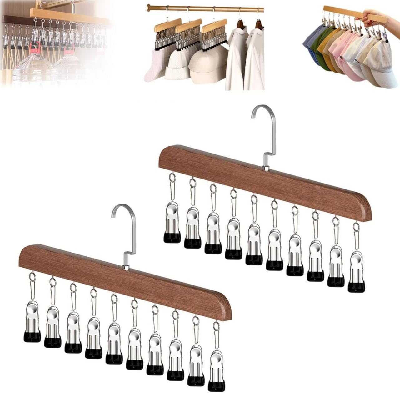 Closet Organizer with 10 Clips, 2PCS Space Saving Hanging Closet Organizer, Space-Saving Hat Scarf Clothespins for Jeans Skirts Socks Leggings Wooden Pant Hangers with Clips(Vintage)