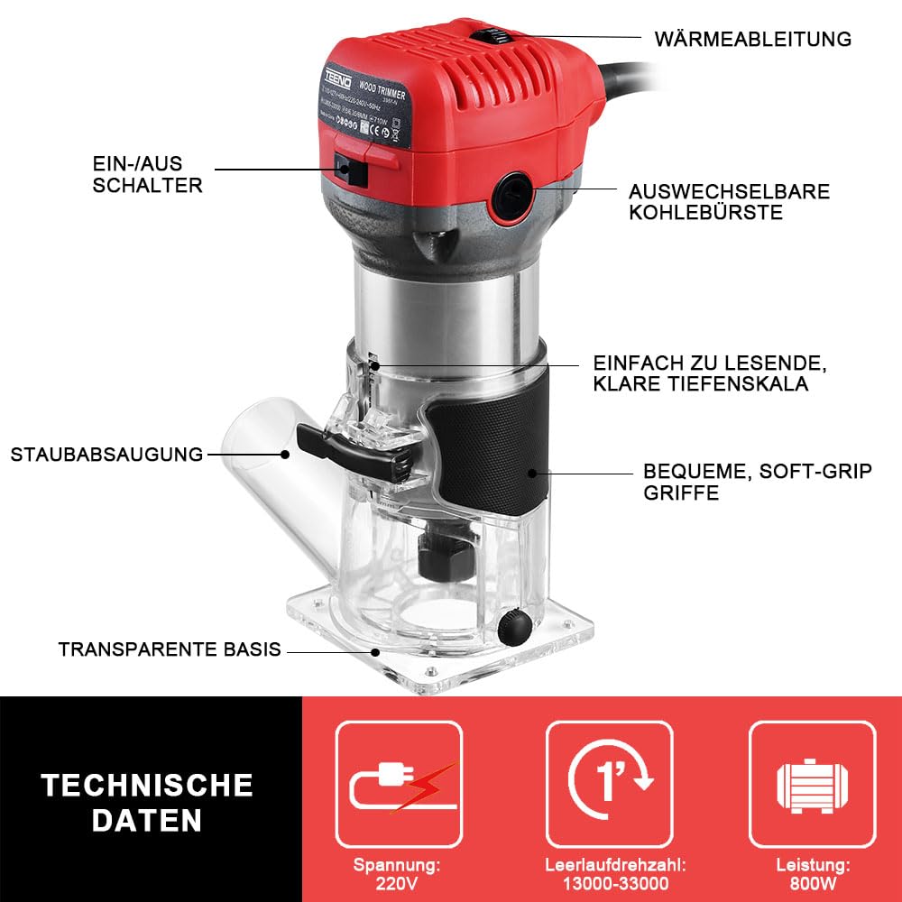 TEENO Holzfräse Oberfräse 800W 13000–33000 U/min mit Staubabsaugungsanschluss, Elektrik Kantenfräse Mit 5 Stück 1/4" Fräsen Cuter,6 Variable Geschwindigkeiten, Spannzange 6MM, 6.35MM, 8MM