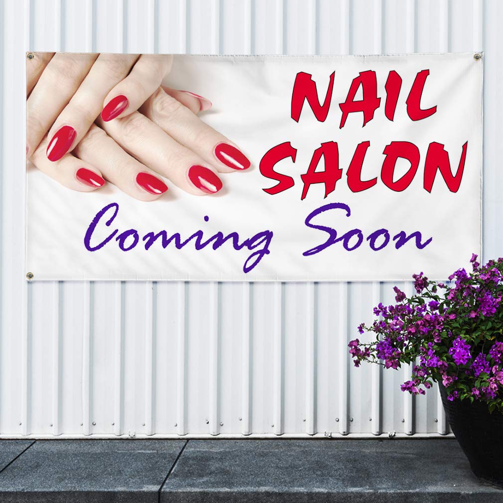 Cartel de vinilo para salón de uñas Coming Soon Business Outdoor Marketing Publicidad Blanco – 61 x 152 cm, 4 ojales, una pancarta