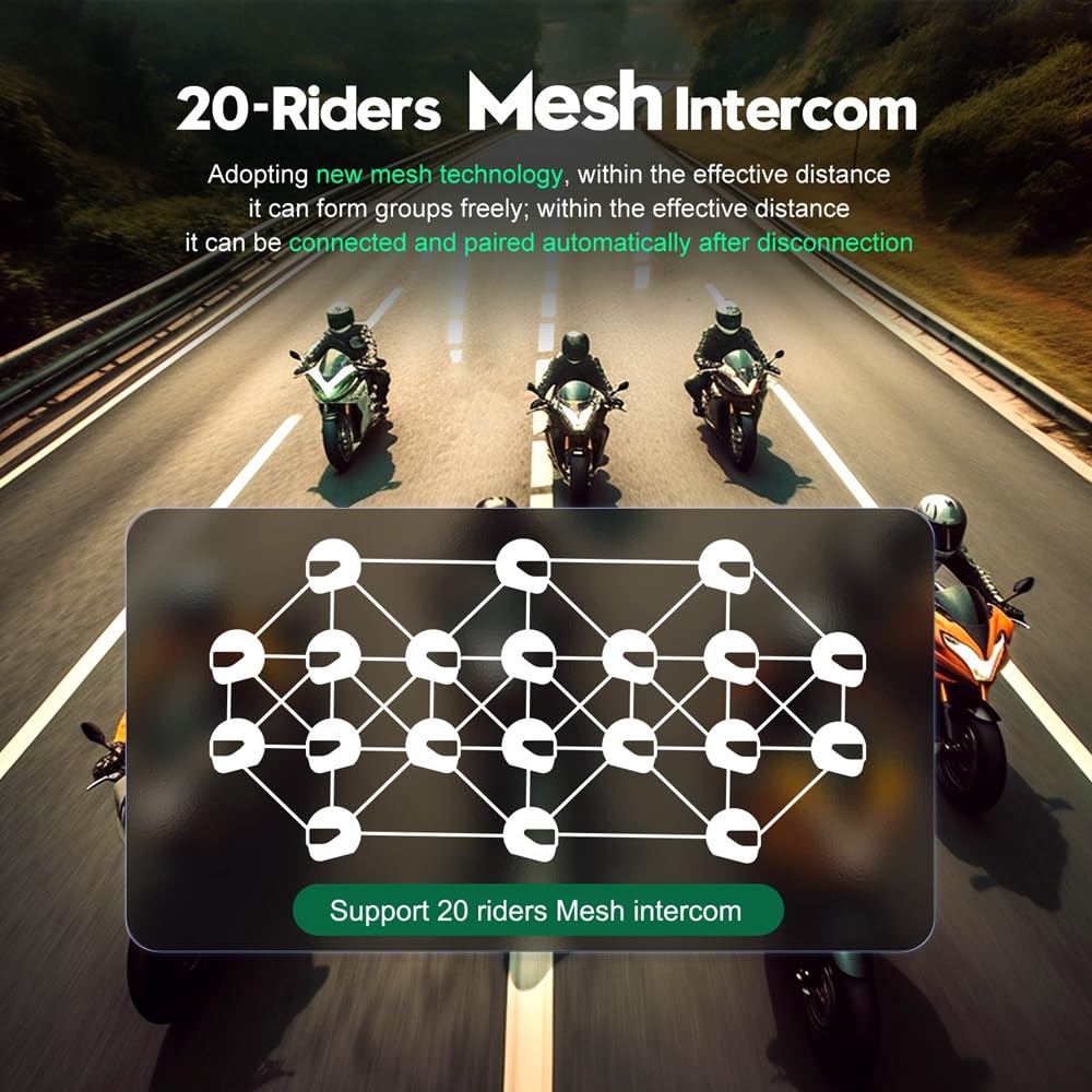 Intercomunicador Bluetooth MS20 2000 m para casco de motocicleta, auriculares Bluetooth para 20 conductores, auriculares Bluetooth universales para casco, sistema de comunicación de casco