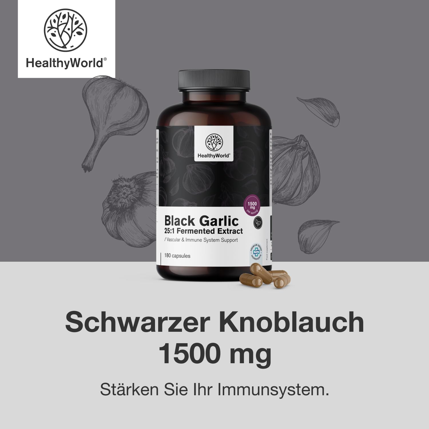 HealthyWorld Schwarzer Knoblauch 1500 mg - 180 Kapseln - Knoblauchextrakt 25:1-20% Polyphenole - Ohne Geruch und unangenehmen Geschmack- Für mehr als 3 Monate - Für das Immunsystem