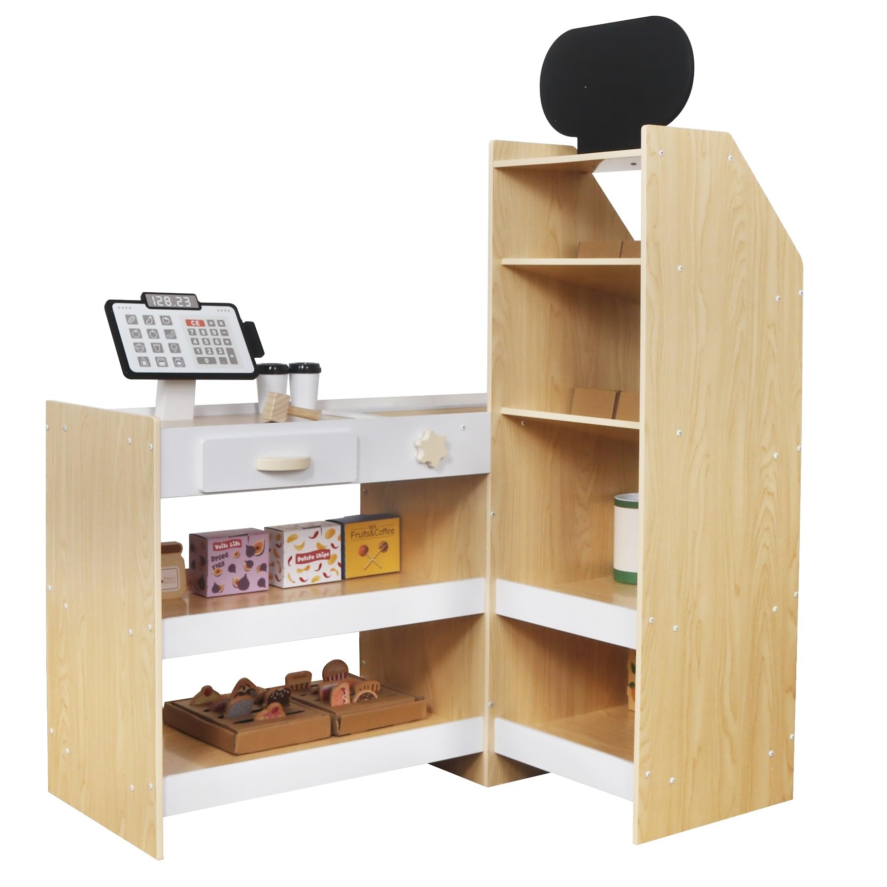 Holz Kaufladen Kinder Supermarkt Weiß – Spielküche Einkaufsladen mit Registrierkasse, Lebensmittel, Obst, Gemüse, Süßigkeiten, Fast Food, Spielgeld & Zubehör, Rollenspiel ab 3 Jahren