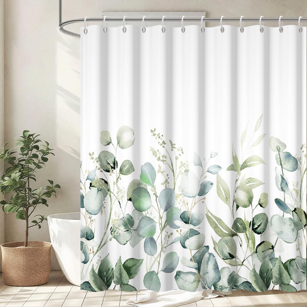 Uiiooazy Duschvorhang 180x200cm, Duschvorhang Anti Schimmel Grüne Blätter Salbeigrün Aquarell Pflanzenmuster Duschvorhänge Wasserdicht Polyester Stoff Waschbar Bad Vorhang mit 12 Haken für Badezimmer