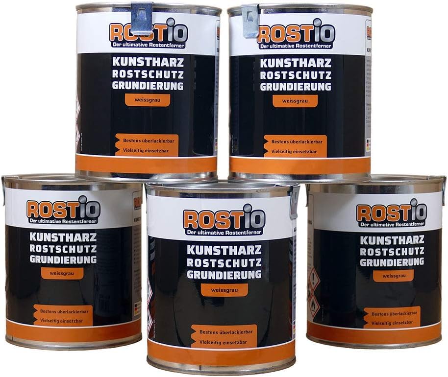 Rostio 5 x Rostschutzgrundierung | Kunstharz Rostschutzfarbe weißgrau | Rostschutz & Korrosionsschutz 6er Set