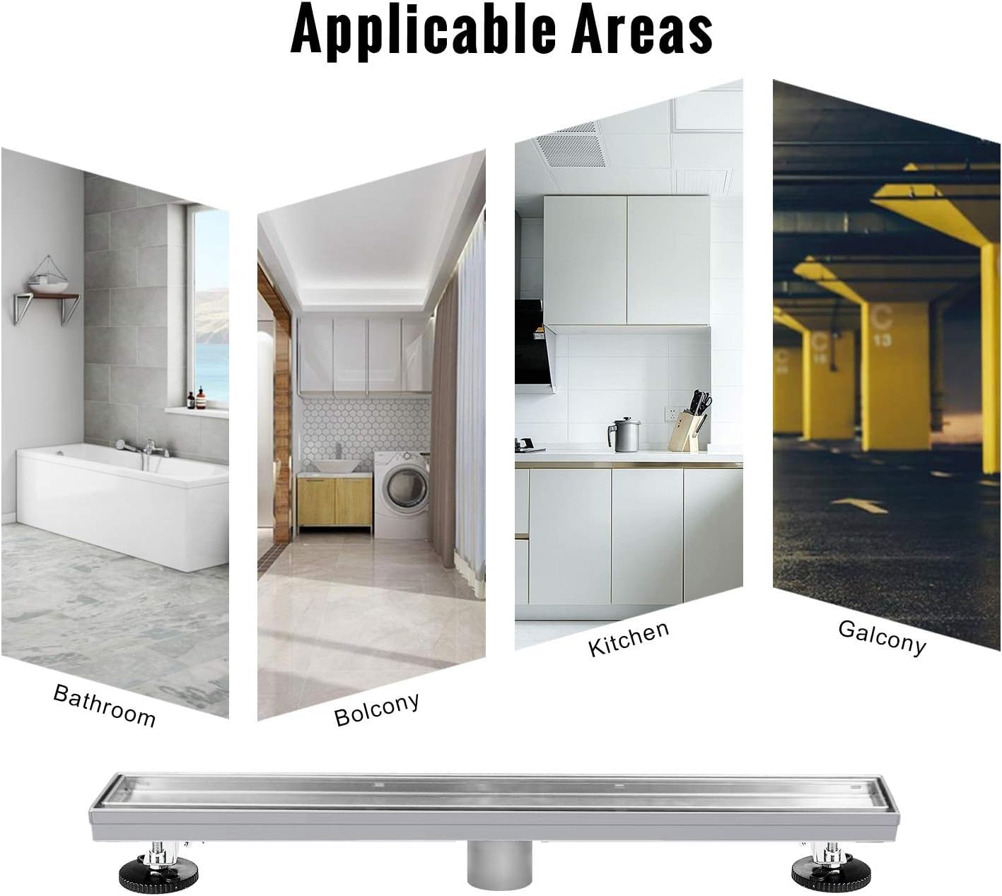 SaniteModar Desagüe de ducha lineal cepillado de 61 cm con rejilla de inserción de azulejos | AISI 304 - Drenaje de suelo de ducha rectangular de acero inoxidable cepillado con aleteo de pelo y patas ajustables