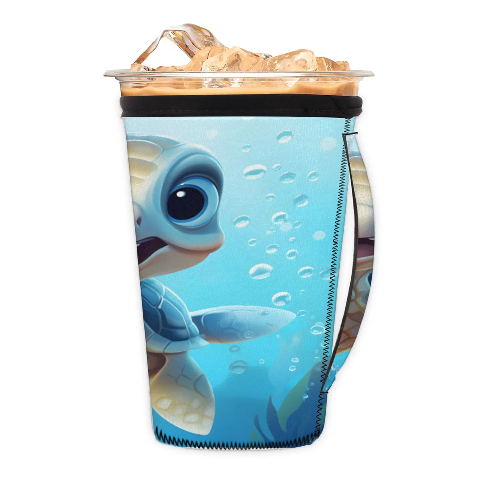 Ocean Cute Turtle Reusable Neoprene Coffee Sleeve with Handle Insulated Iced Coffee Cup Holder Reduces Condensation Fits 24-28 oz Cups M