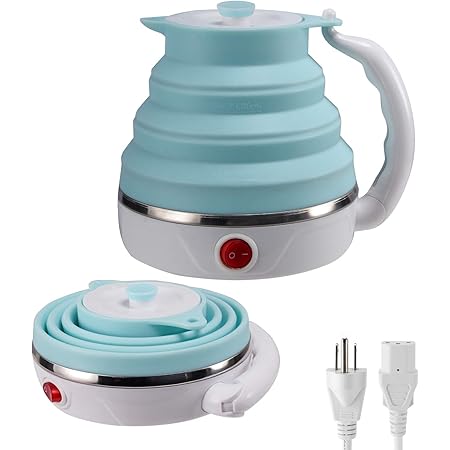 Travel Foldable Electric Kettle, Collapsible Electric Kettle Food Grade Silicone Small Electric Kettle Boiling water,Dual Voltage（600ml,110-220V US Plug） (Blue)
