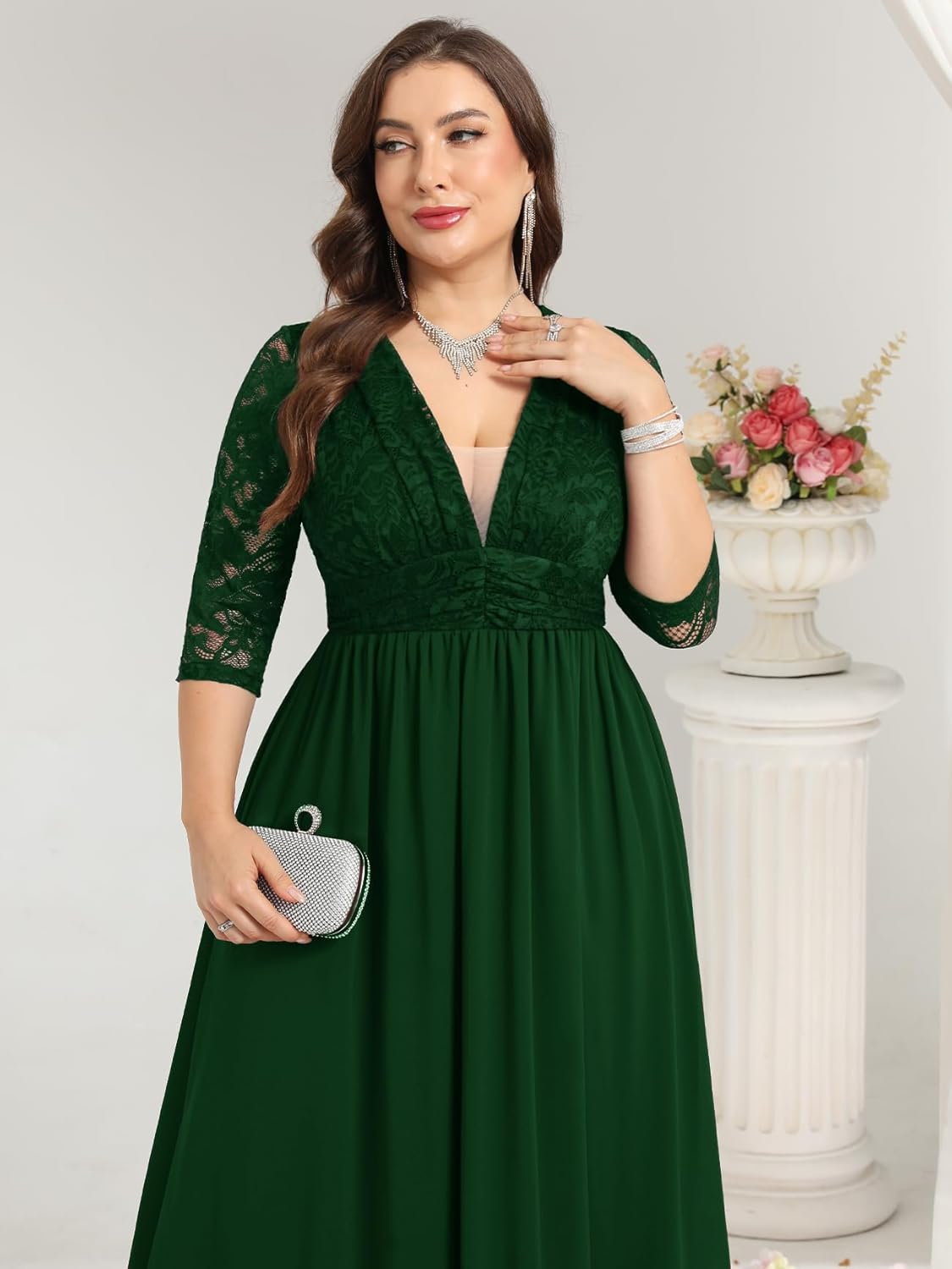 ZOMVA Plus Size Foraml Maxi Dress Deep V-Neck 3/4 Sleeve Lace Chiffon Wedding Dresses Cocktail Party Prom Evening Gown - Image 3