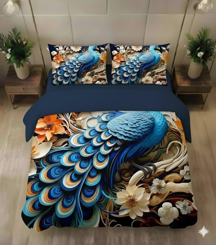 TIB® Glace Cotton Kids Bedsheet Double Bed, 7d Bedsheet King Size with 2 Pillow Covers, 90x100, Color Name (Blue Peacock)-picture-17